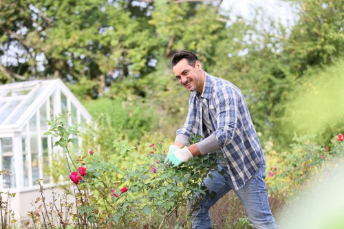 A man in casual clothing, including a blue checked shirt and jeans, is tending to a garden in an outdoor space with lush green trees and bushes in the background. He is smiling and appears to be pruning or caring for flowering rose bushes with pink blooms. The garden features a well-maintained lawn in the foreground, along with a paved pathway and a greenhouse structure made of glass panels on the left side of the image. The scene is illuminated by natural daylight, suggesting a clear, sunny day, with vibrant plant life adding natural color and texture to the environment. This setting reflects typical garden maintenance activities, aligning with professional gardening services in the Brimsdown area, and highlights the importance of outdoor landscaping and plant care in residential outdoor spaces near Enfield.